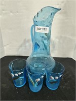 Blue hand painted pitcher and cups