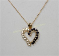 10K Gold heart pendant with blue and clear stones