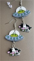 Alien spaceship earrings abducting cows nearly 3