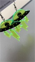 Large alien spaceship earrings with neon
