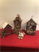 3 Decorative Birdhouses and a Snowman