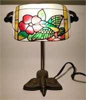 ** Vintage Stained Glass Hummingbird Bankers Lamp
