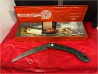 Marble Gun cleaning kit, foldable saw.