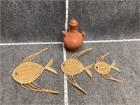 Terracotta Pitcher Jug and Woven Fish Decor