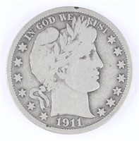 1911-S US BARBER SILVER HALF DOLLAR COIN