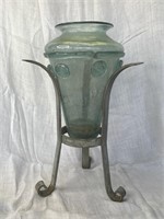 Vintage glass flower vase with metal stand