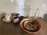 Glass Pitcher/Wooden Bowl/Pottery Dishes
