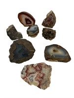 Grouping of geode rock mineral specimens