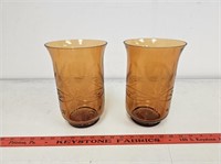 (2) Vintage Amber Hurricane Glass Candle Holders