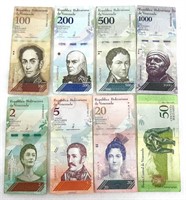 Série de 8 billets du Venezuela 2 à 1000 BOLIVARES