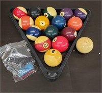 Set of Billiard Balls, Rack, Cue Ball & Chalk