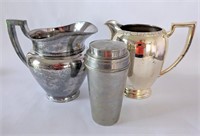 2 Silverplate Pitchers + Silver Tone Drink Contain