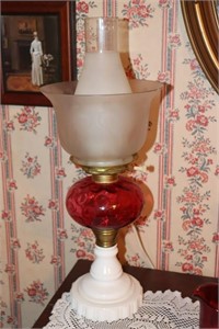 2 Lamps - Cranberry lamp with milk glass base and
