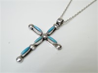 Sterling Silver & Turquoise Cross Pendant Necklace