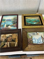 4 Small Paintings, Lady, Accordian, Ocean, Cat