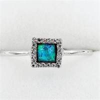 STERLING SILVER 4MM SYNTHETIC OPAL & CZ RING,
