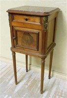 Louis XVI Style Marble Top Walnut Side Cabinet.