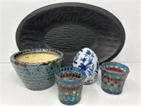 Black Wood Bowl,  Votives, Blue/White Egg