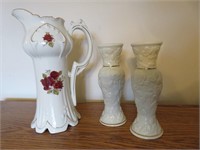 Old China Milk Pitcher and Two Candle Sticks
