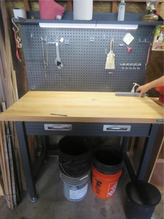 METAL WORKBENCH WITH WOOD TOP AND PEGBOARD