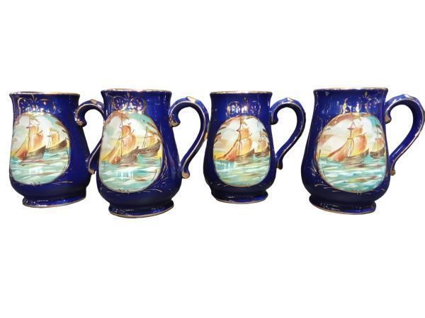 Set of 4 Handcrafted Blue and Gold Ceramic Mugs wi