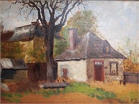 19thC French Stone House, Oil on Panel
