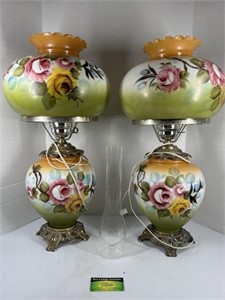 Vintage Pair of Hurricane Flower Lamps