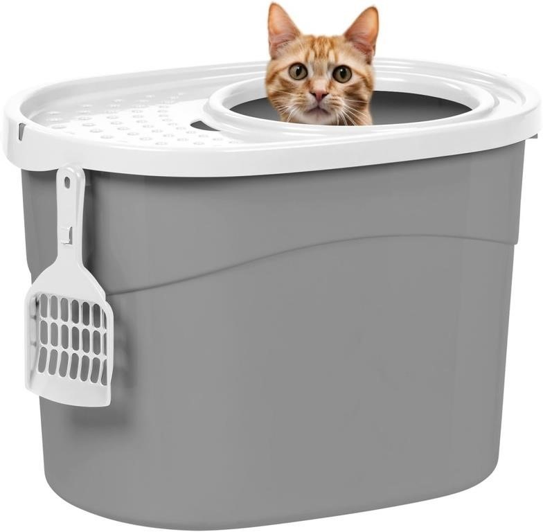 IRIS USA Oval Top Entry Cat Litter Box  Gray