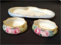 3pc- 2 hand painted salt dips, hand painted tray