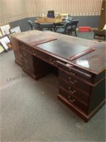 Large desk, multiple drawers, glass top to drawer