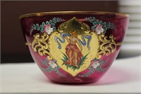 Hand Painted Cranberry Bowl - Rare Figeral Design