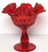 Ruby Red Glass Compote with Yellow Rim