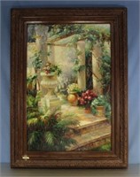 Framed Oil On Canvas Garden Scene