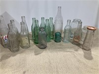 Vintage glass bottles, coke, milk, Blatz, more