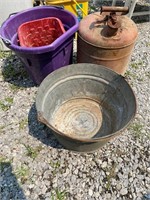 metal gas can, galv wash tub, bucket