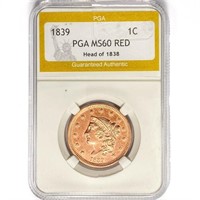 1839 Large Cent PGA MS60 RED, Head of 38