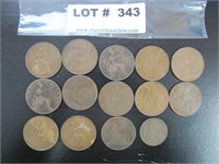 Foreign 13 - 1 Penny coins & 1 - Half Penny coin