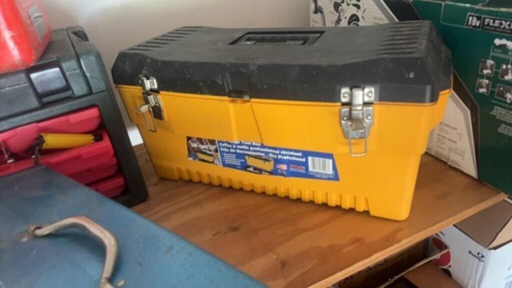YELLOW PLASTIC TOOL BOX WITH MISC TOOLS