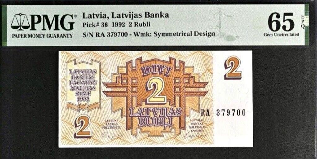 Latvia 2 Rubli P36 1992 PMG 65 Uncirculated LAER
