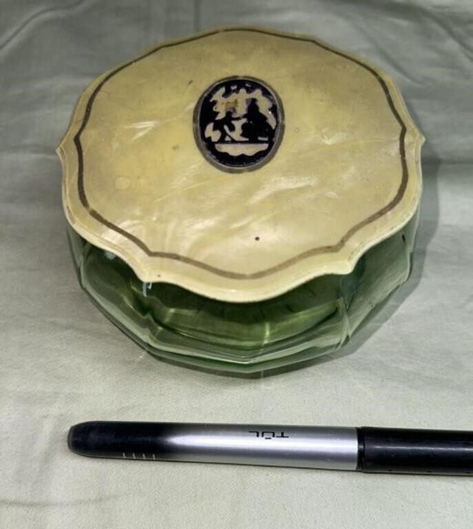 VINTAGE ART DECO GREEN URANIUM GLASS POWDER JAR