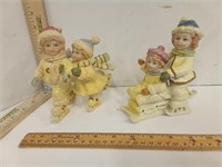 Plaster Cast Winter Skaters & Sledder Figures