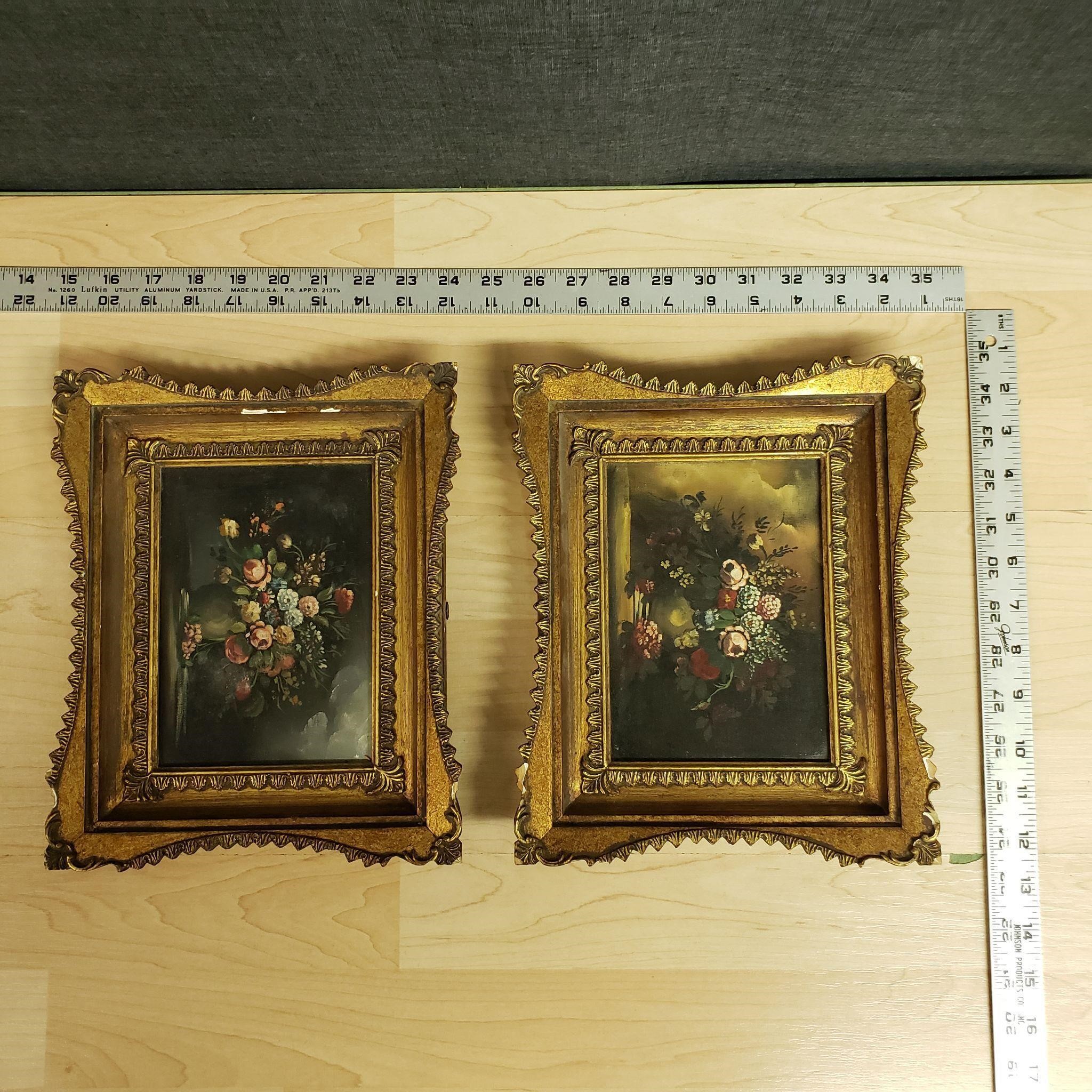 2 Very Old Flower Paintings in Wooden Frames
