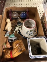 Box lot- cat figurines, planters, Sand timer
