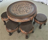 Antique Hand Carved Oriental Tea Table & 4 Stools