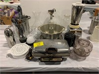 BLENDER, WAFFLE IRON, BUNDT PAN, GLASS PITCHERS,