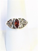 .925 Silver Celtic Marquise Garnet Ring Size 8   R