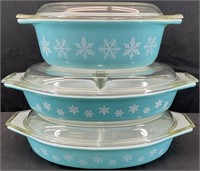 3 Pyrex Turquoise Snowflake Covered Dishes