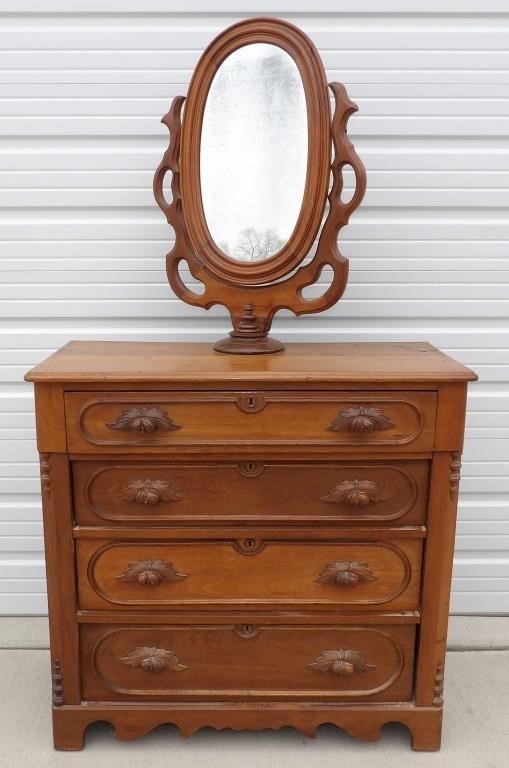 Vintage Carved Walnut Dresser & Oval Mirror