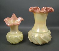 Two Fenton Glossy Burmese Swirled Melon Rib Vases