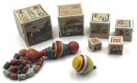 Vtg. Paper Nesting Storybook Blocks, Wooden Rattle